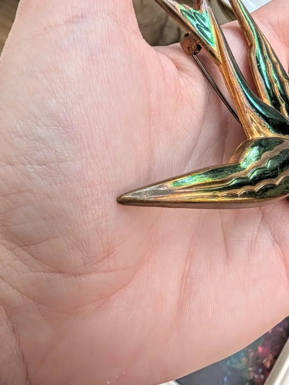 1930's - 1940's RARE Large Sparrow Brooch, Gold & green tone 2.75